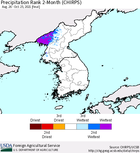Korea Precipitation Rank since 1981, 2-Month (CHIRPS) Thematic Map For 8/26/2021 - 10/25/2021