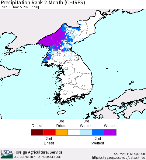 Korea Precipitation Rank since 1981, 2-Month (CHIRPS) Thematic Map For 9/6/2021 - 11/5/2021
