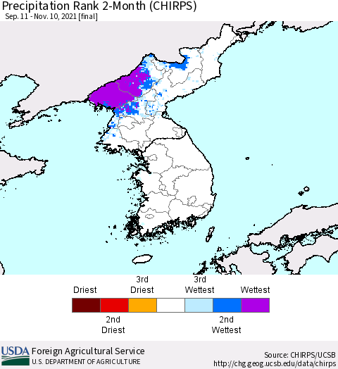 Korea Precipitation Rank 2-Month (CHIRPS) Thematic Map For 9/11/2021 - 11/10/2021