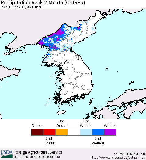 Korea Precipitation Rank since 1981, 2-Month (CHIRPS) Thematic Map For 9/16/2021 - 11/15/2021