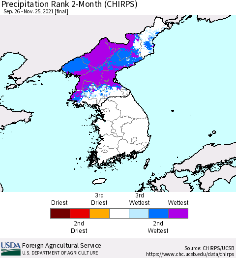 Korea Precipitation Rank since 1981, 2-Month (CHIRPS) Thematic Map For 9/26/2021 - 11/25/2021