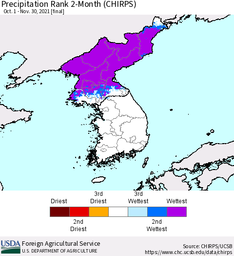 Korea Precipitation Rank since 1981, 2-Month (CHIRPS) Thematic Map For 10/1/2021 - 11/30/2021