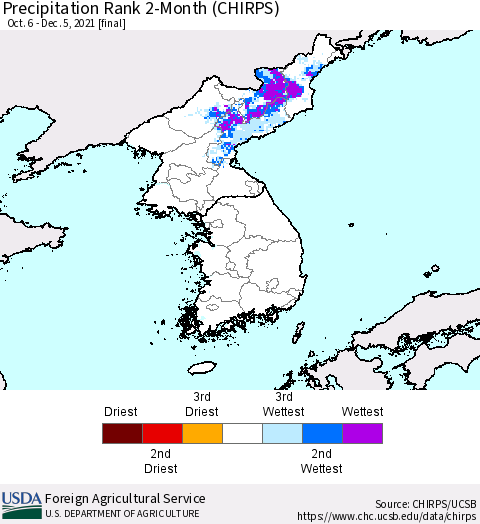Korea Precipitation Rank since 1981, 2-Month (CHIRPS) Thematic Map For 10/6/2021 - 12/5/2021