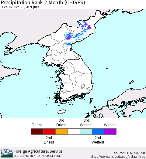 Korea Precipitation Rank since 1981, 2-Month (CHIRPS) Thematic Map For 10/16/2021 - 12/15/2021