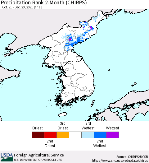 Korea Precipitation Rank since 1981, 2-Month (CHIRPS) Thematic Map For 10/21/2021 - 12/20/2021