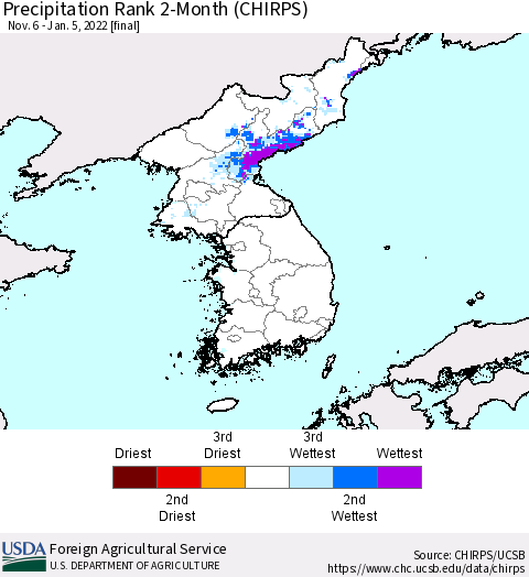 Korea Precipitation Rank since 1981, 2-Month (CHIRPS) Thematic Map For 11/6/2021 - 1/5/2022