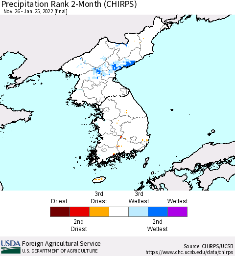 Korea Precipitation Rank since 1981, 2-Month (CHIRPS) Thematic Map For 11/26/2021 - 1/25/2022