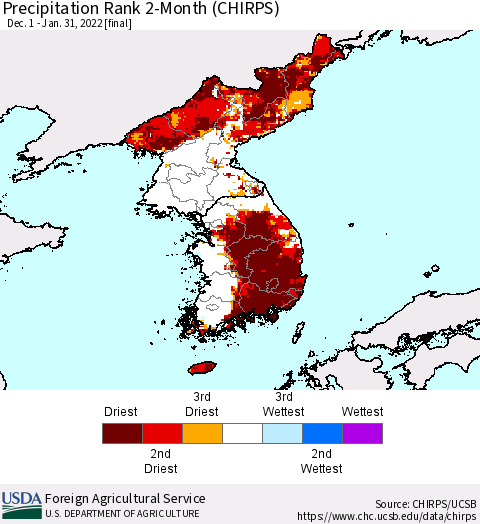 Korea Precipitation Rank 2-Month (CHIRPS) Thematic Map For 12/1/2021 - 1/31/2022