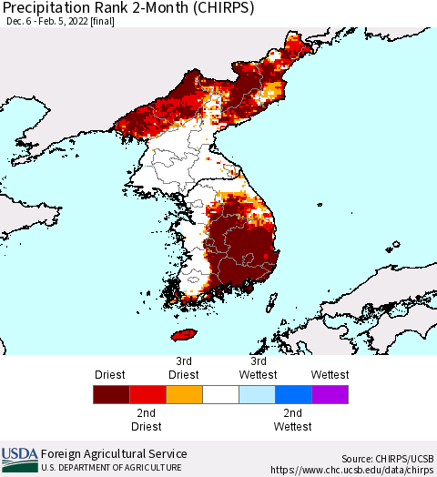 Korea Precipitation Rank 2-Month (CHIRPS) Thematic Map For 12/6/2021 - 2/5/2022