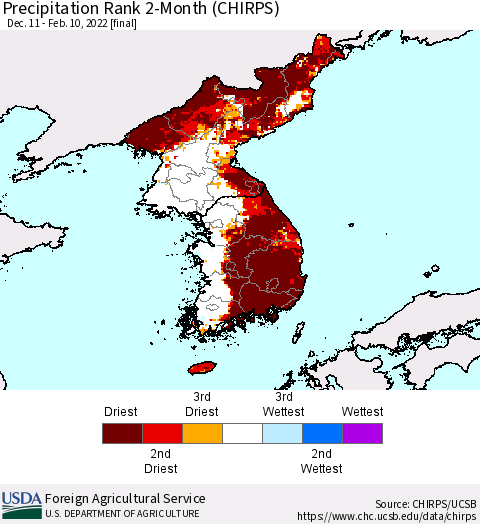 Korea Precipitation Rank 2-Month (CHIRPS) Thematic Map For 12/11/2021 - 2/10/2022
