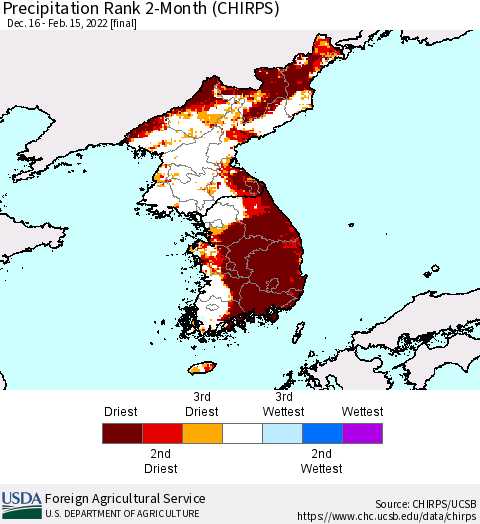 Korea Precipitation Rank 2-Month (CHIRPS) Thematic Map For 12/16/2021 - 2/15/2022