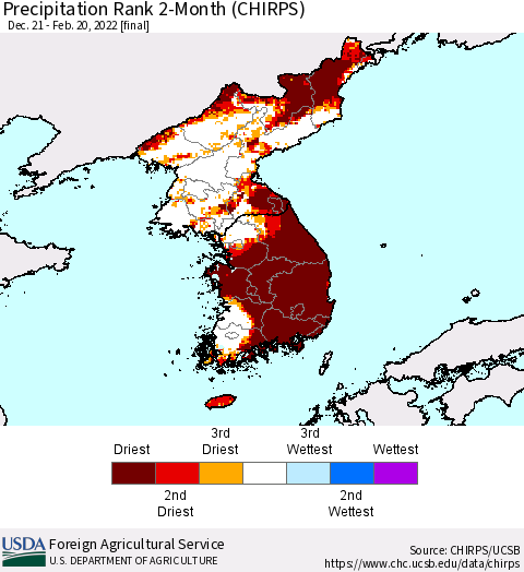 Korea Precipitation Rank 2-Month (CHIRPS) Thematic Map For 12/21/2021 - 2/20/2022