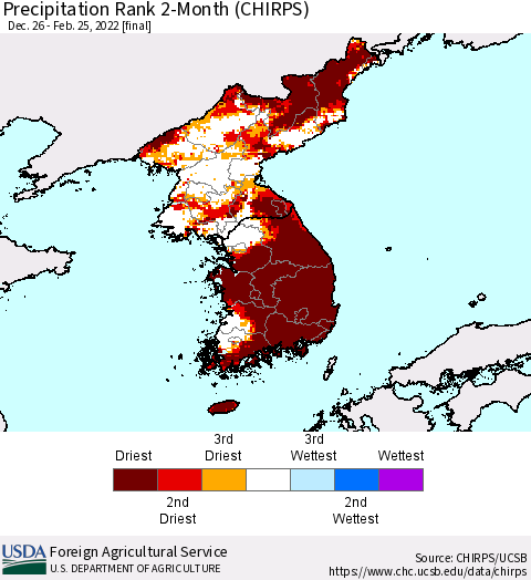 Korea Precipitation Rank 2-Month (CHIRPS) Thematic Map For 12/26/2021 - 2/25/2022
