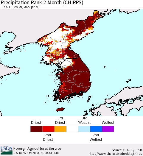 Korea Precipitation Rank 2-Month (CHIRPS) Thematic Map For 1/1/2022 - 2/28/2022
