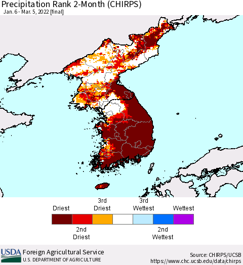 Korea Precipitation Rank 2-Month (CHIRPS) Thematic Map For 1/6/2022 - 3/5/2022