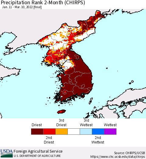 Korea Precipitation Rank 2-Month (CHIRPS) Thematic Map For 1/11/2022 - 3/10/2022
