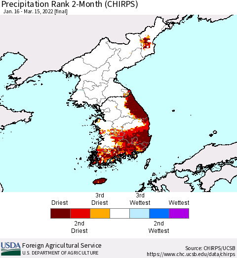 Korea Precipitation Rank 2-Month (CHIRPS) Thematic Map For 1/16/2022 - 3/15/2022