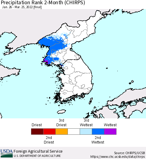 Korea Precipitation Rank 2-Month (CHIRPS) Thematic Map For 1/26/2022 - 3/25/2022