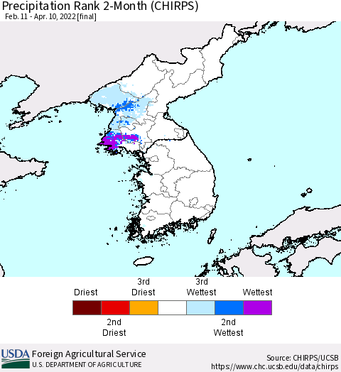 Korea Precipitation Rank 2-Month (CHIRPS) Thematic Map For 2/11/2022 - 4/10/2022
