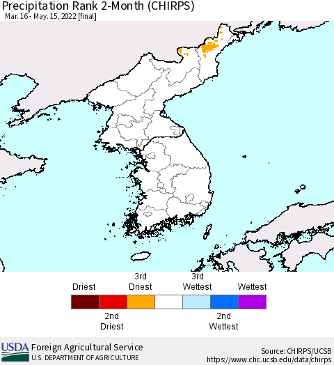 Korea Precipitation Rank 2-Month (CHIRPS) Thematic Map For 3/16/2022 - 5/15/2022