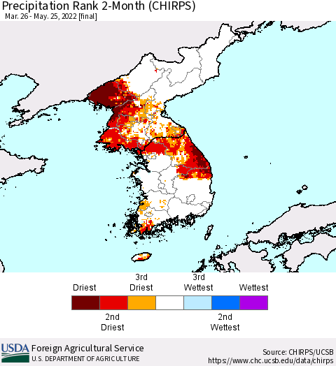 Korea Precipitation Rank 2-Month (CHIRPS) Thematic Map For 3/26/2022 - 5/25/2022