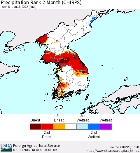 Korea Precipitation Rank 2-Month (CHIRPS) Thematic Map For 4/6/2022 - 6/5/2022