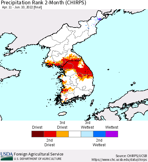 Korea Precipitation Rank since 1981, 2-Month (CHIRPS) Thematic Map For 4/11/2022 - 6/10/2022