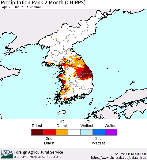 Korea Precipitation Rank 2-Month (CHIRPS) Thematic Map For 4/21/2022 - 6/20/2022