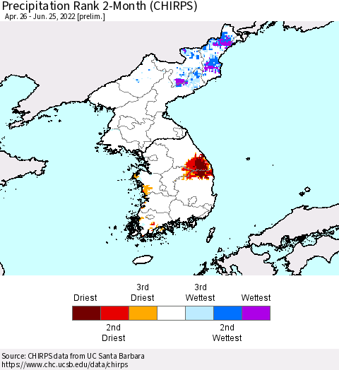 Korea Precipitation Rank 2-Month (CHIRPS) Thematic Map For 4/26/2022 - 6/25/2022