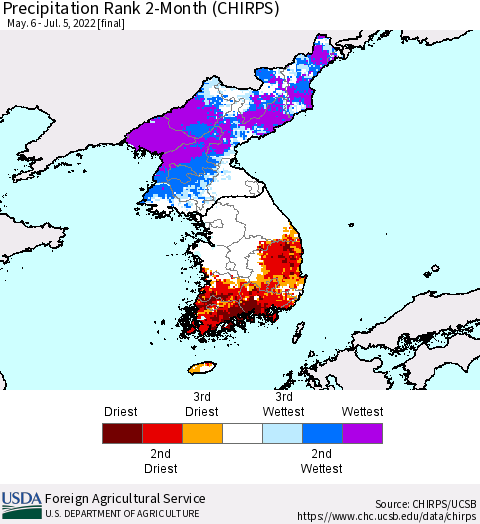 Korea Precipitation Rank 2-Month (CHIRPS) Thematic Map For 5/6/2022 - 7/5/2022