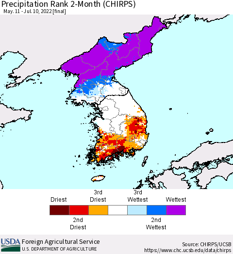 Korea Precipitation Rank since 1981, 2-Month (CHIRPS) Thematic Map For 5/11/2022 - 7/10/2022
