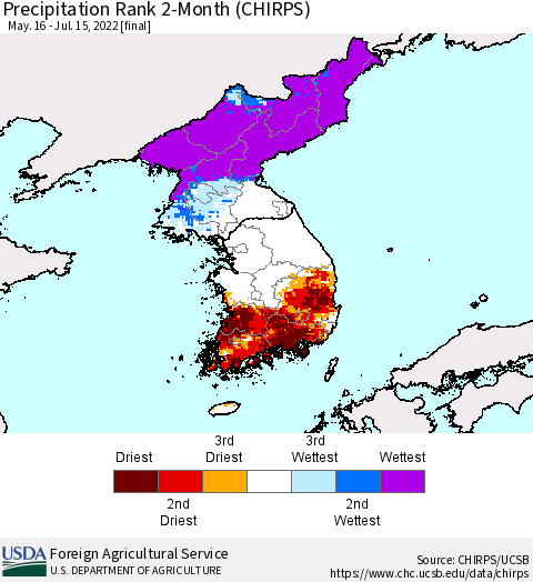 Korea Precipitation Rank 2-Month (CHIRPS) Thematic Map For 5/16/2022 - 7/15/2022