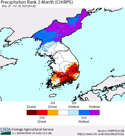 Korea Precipitation Rank 2-Month (CHIRPS) Thematic Map For 5/21/2022 - 7/20/2022