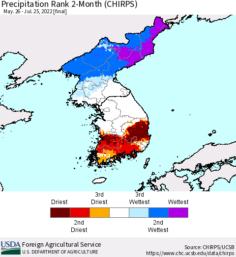 Korea Precipitation Rank 2-Month (CHIRPS) Thematic Map For 5/26/2022 - 7/25/2022