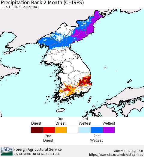 Korea Precipitation Rank 2-Month (CHIRPS) Thematic Map For 6/1/2022 - 7/31/2022