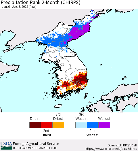 Korea Precipitation Rank 2-Month (CHIRPS) Thematic Map For 6/6/2022 - 8/5/2022