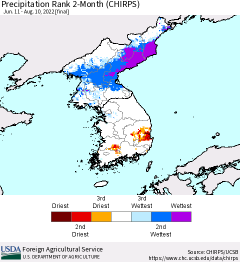 Korea Precipitation Rank since 1981, 2-Month (CHIRPS) Thematic Map For 6/11/2022 - 8/10/2022