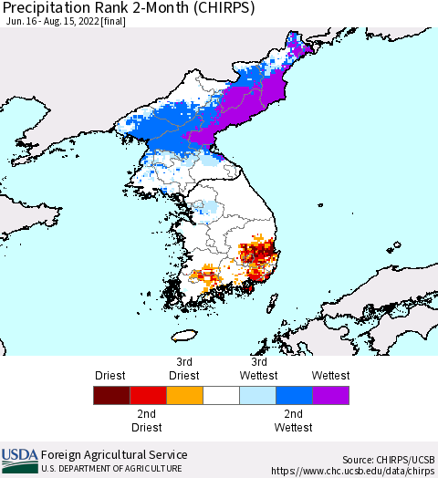Korea Precipitation Rank 2-Month (CHIRPS) Thematic Map For 6/16/2022 - 8/15/2022