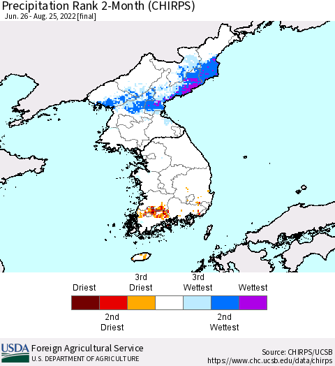 Korea Precipitation Rank 2-Month (CHIRPS) Thematic Map For 6/26/2022 - 8/25/2022