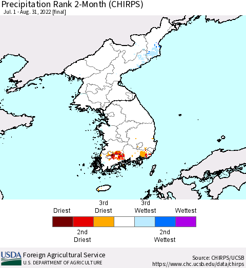 Korea Precipitation Rank since 1981, 2-Month (CHIRPS) Thematic Map For 7/1/2022 - 8/31/2022
