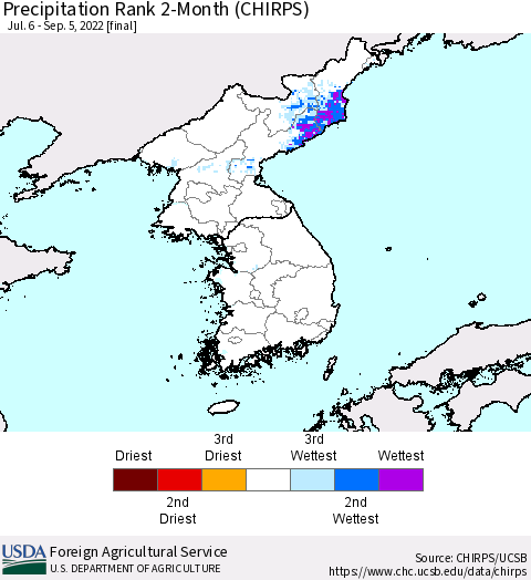 Korea Precipitation Rank since 1981, 2-Month (CHIRPS) Thematic Map For 7/6/2022 - 9/5/2022