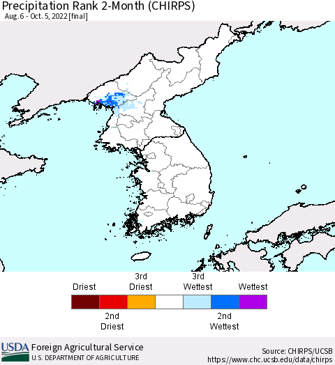 Korea Precipitation Rank 2-Month (CHIRPS) Thematic Map For 8/6/2022 - 10/5/2022
