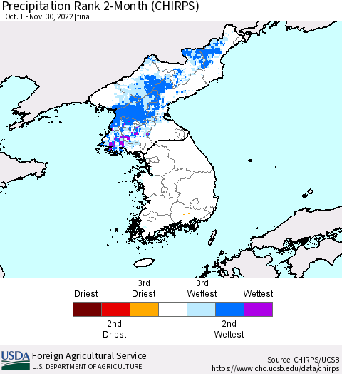 Korea Precipitation Rank since 1981, 2-Month (CHIRPS) Thematic Map For 10/1/2022 - 11/30/2022