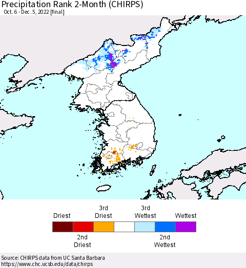 Korea Precipitation Rank since 1981, 2-Month (CHIRPS) Thematic Map For 10/6/2022 - 12/5/2022