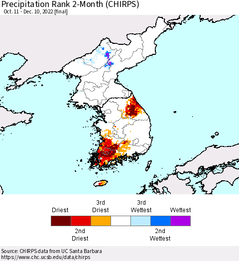 Korea Precipitation Rank since 1981, 2-Month (CHIRPS) Thematic Map For 10/11/2022 - 12/10/2022