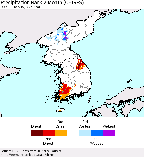 Korea Precipitation Rank since 1981, 2-Month (CHIRPS) Thematic Map For 10/16/2022 - 12/15/2022