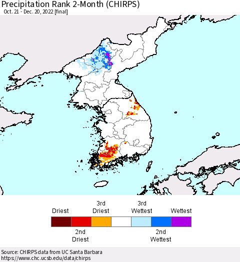 Korea Precipitation Rank since 1981, 2-Month (CHIRPS) Thematic Map For 10/21/2022 - 12/20/2022