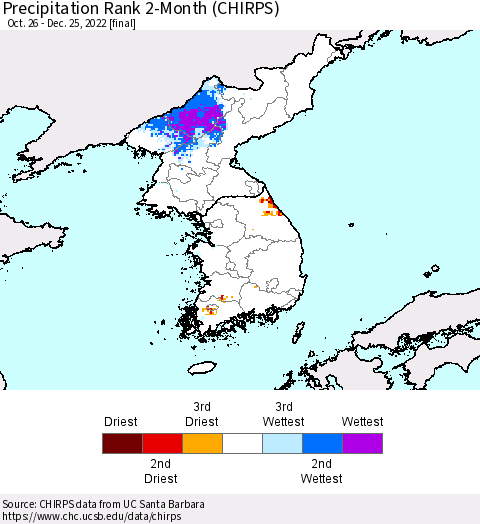 Korea Precipitation Rank since 1981, 2-Month (CHIRPS) Thematic Map For 10/26/2022 - 12/25/2022
