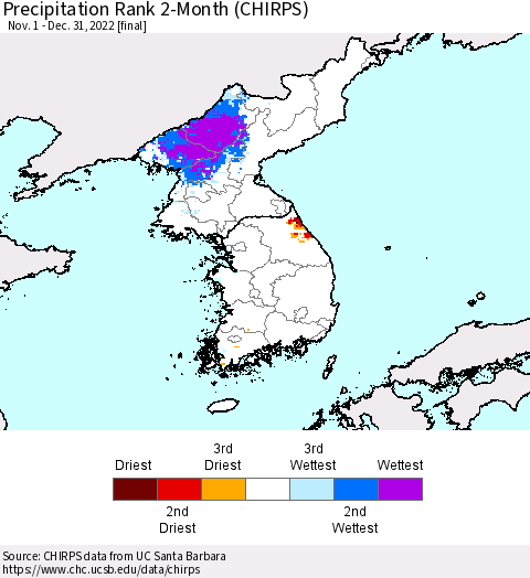 Korea Precipitation Rank since 1981, 2-Month (CHIRPS) Thematic Map For 11/1/2022 - 12/31/2022