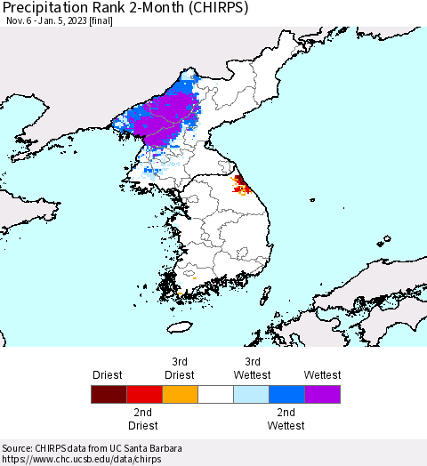 Korea Precipitation Rank 2-Month (CHIRPS) Thematic Map For 11/6/2022 - 1/5/2023